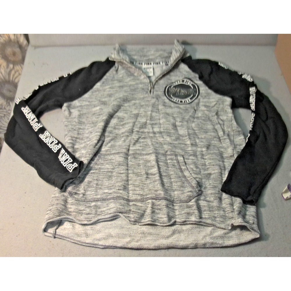 Victoria Secret LOVE PINK 1/4‎ Zip Pullover Black And Gray Front Pocket Size XS